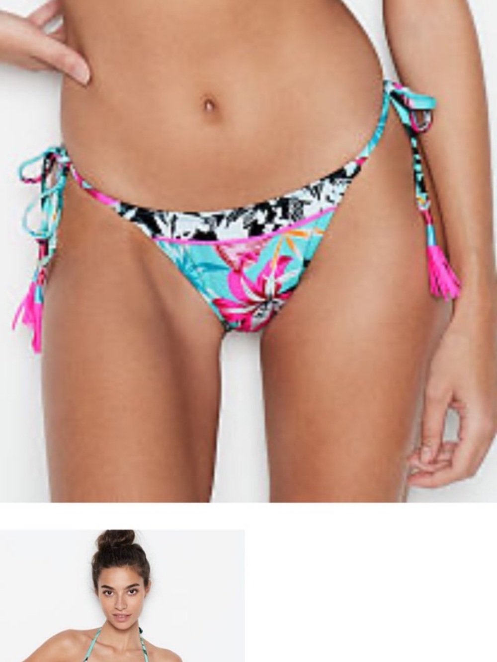 PINK Victoria's Secret Aqua and Hot Pink Floral Tie-Side Bikini Bottoms